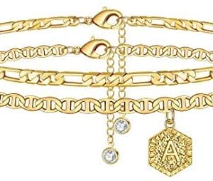 Memorjew Initial Ankle Bracelets for Women, 14K Gold Plated Double Layered Initial Anklets Jewelry for Women Teen Girls