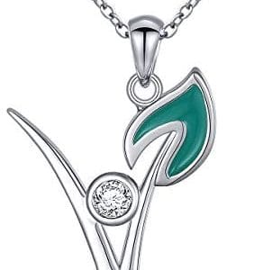 Ladytree S925 Sterling Silver Vegan Necklace Cubic Zirconia Green Symbol Necklace for Vegetarian Women,18 inches