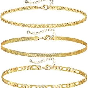 ABDOT 3PCS Gold Ankle Bracelets for Women 14K Gold Plated Anklets Beach Tennis Anklets for Women Waterproof Cute Evil Eye Anklet Adjustable Layered Cuban Anklets for Women Girls