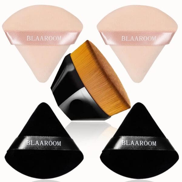 4+1 Pcs Velour Triangle Powder Puff and Kabuki Foundation Brush for Face Makeup Eyes Contouring Bod for Mixed Liquid Cream Flawless Loose Powder Cosmetic Foundation Makeup Tool Black & Nude