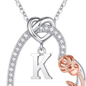 Iefil Rose Heart Necklaces Gifts for Women - 925 Sterling Silver Heart Initial Necklaces, Anniversary Birthday Gifts, Women Jewelry Gifts for Wife Girlfriend Mom Daughter Her