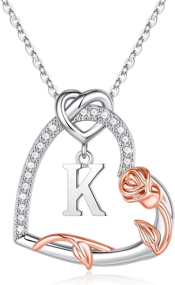 Iefil Rose Heart Necklaces Gifts for Women - 925 Sterling Silver Heart Initial Necklaces, Anniversary Birthday Gifts, Women Jewelry Gifts for Wife Girlfriend Mom Daughter Her