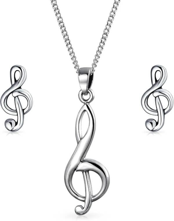 Classic Musical Treble G Clef Note Stud Earrings, Necklace, Brooch Pin For Musician Women Teen Teacher Student .925 Sterling Silver