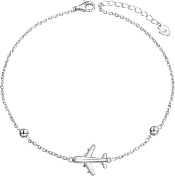 FLYOW Airplane Anklet for Women S925 Sterling Silver Adjustable 9 10 inches Foot Beaded Charm Ankle Bracelet Anklets Jewelry (Anklet)