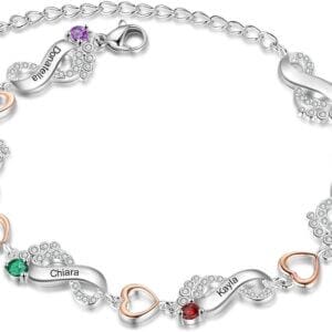 JewelOra Personalized Infinity Mother Bracelet with Simulated Birthstone Custom Name Feet Link Bracelet for Women Heart Bracelet Adjustable Chain Charm Birthday Mother's Day Gift