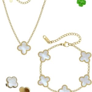 Four Leaf Clover Jewelry Set – Clover Necklace, Clover Bracelet, Earrings & Adjustable Ring, Strengthened Chain & Clover Design, Perfect Jewelry Set for Women