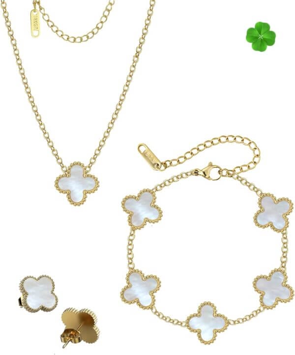 Four Leaf Clover Jewelry Set – Clover Necklace, Clover Bracelet, Earrings & Adjustable Ring, Strengthened Chain & Clover Design, Perfect Jewelry Set for Women