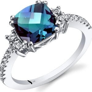 PEORA Created Alexandrite Ring for Women in 14K White Gold with Genuine White Topaz, Color Changing Cushion Cut, 2.78 Carats total, Comfort Fit, Sizes 5 to 9