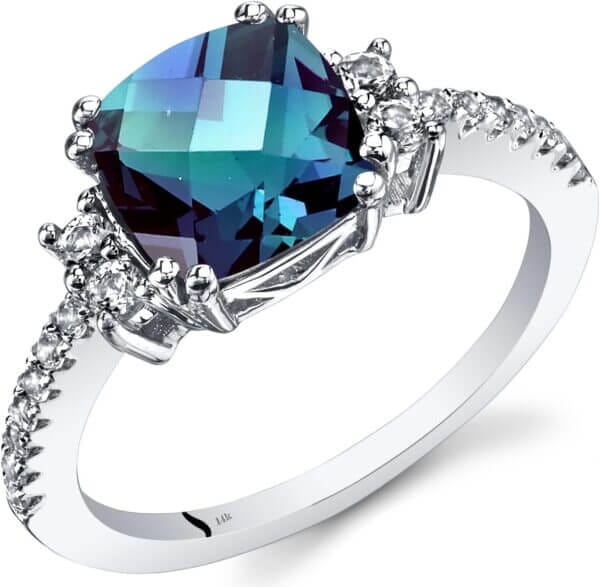 PEORA Created Alexandrite Ring for Women in 14K White Gold with Genuine White Topaz, Color Changing Cushion Cut, 2.78 Carats total, Comfort Fit, Sizes 5 to 9