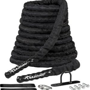 4ActiveU Battle Rope 30, 40, 50ft Length Heavy Battle Exercise Training Rope Workout Rope Fitness Rope for Strength Training Home Gym Outdoor Cardio Workout, Anchor Included 1.5 Inch Diameter