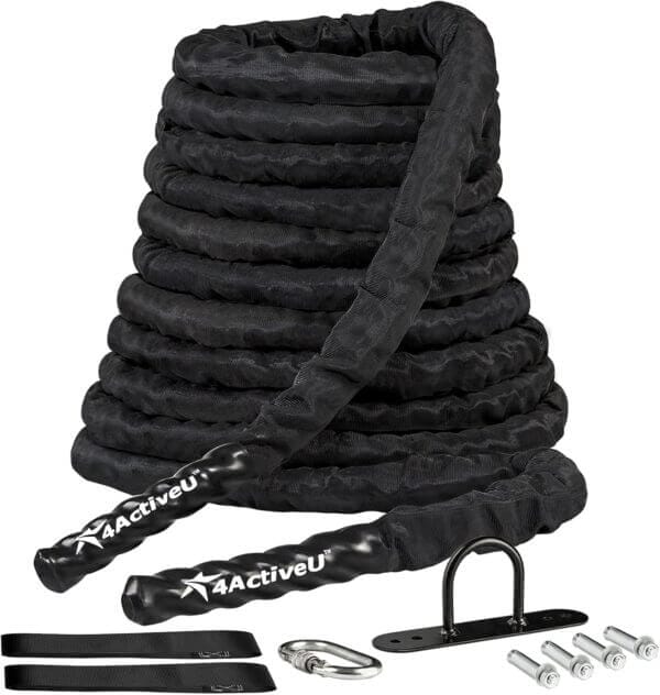 4ActiveU Battle Rope 30, 40, 50ft Length Heavy Battle Exercise Training Rope Workout Rope Fitness Rope for Strength Training Home Gym Outdoor Cardio Workout, Anchor Included 1.5 Inch Diameter