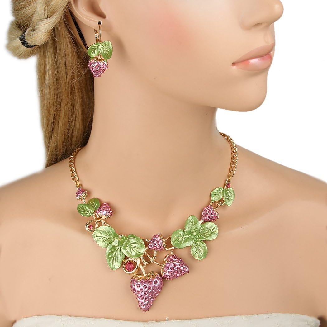 EVER FAITH Women's Austrian Crystal Sweet Strawberry Leaf Necklace Earrings Set - Image 2