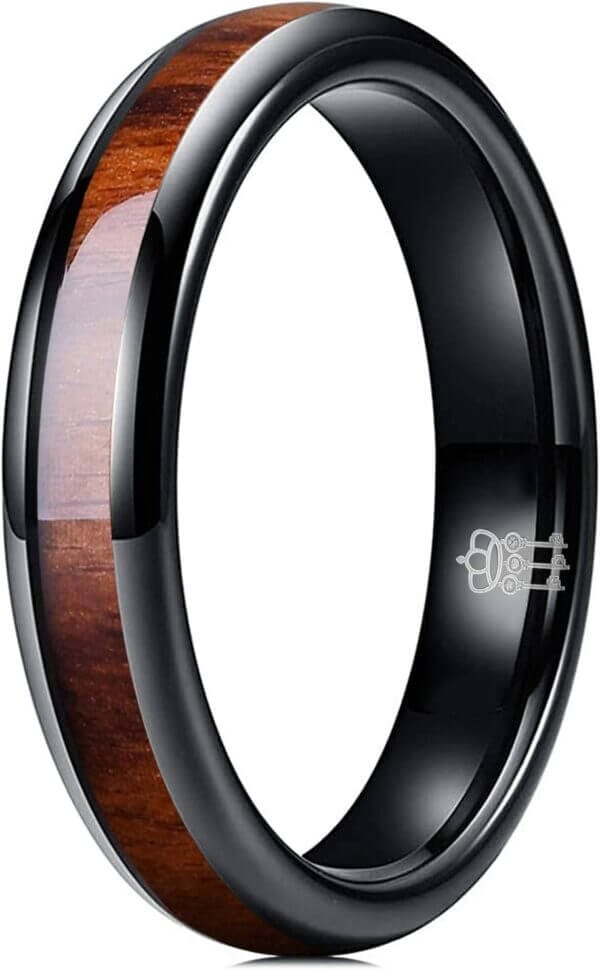 THREE KEYS JEWELRY 4mm 6mm 8mm Black Tungsten Wedding Ring Domed with Real Koa Wood Inlay