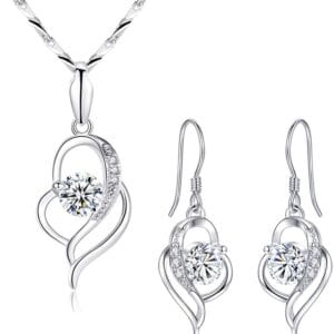 Hadskiss Silver Jewellery Set for Women, 925 Sterling Silver Heart Dangle Drop Earrings & 45cm Necklace Pendant Set, with White AAA Cubic Zirconia, Allergy Free Jewellery for Mother Wife Girlfriend