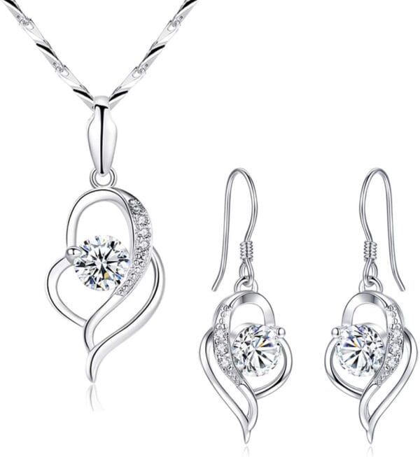 Hadskiss Silver Jewellery Set for Women, 925 Sterling Silver Heart Dangle Drop Earrings & 45cm Necklace Pendant Set, with White AAA Cubic Zirconia, Allergy Free Jewellery for Mother Wife Girlfriend