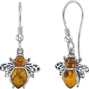 PEORA Genuine Baltic Amber Bee Pendant Necklace and Earrings for Women in Sterling Silver, Rich Cognac Color, 100% Natural from Baltic Region, Real Baltic Amber Jewelry for Adults