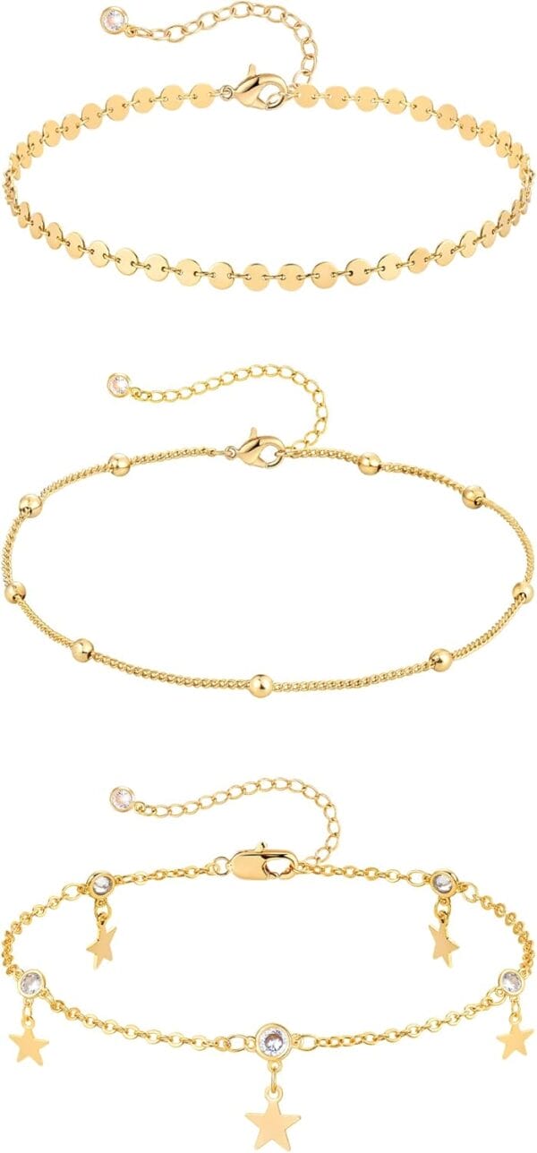 Anklet Bracelets for Women 14K Gold Jewelry Set Waterproof Layered Tennis Satellite Link Chain Anklets Set Gold Anklets Adjustable Size 3pc