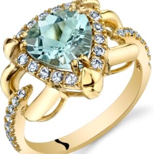 PEORA Aquamarine Homage Ring for Women 14K Yellow Gold with White Topaz, Genuine Gemstone Birthstone, 1.50 Carats Trillion Cut 8mm, Sizes 5 to 9