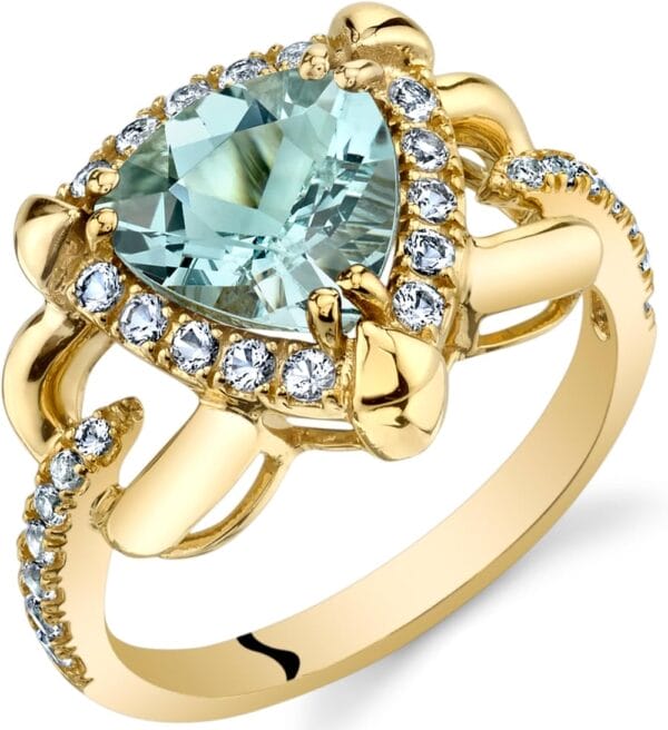 PEORA Aquamarine Homage Ring for Women 14K Yellow Gold with White Topaz, Genuine Gemstone Birthstone, 1.50 Carats Trillion Cut 8mm, Sizes 5 to 9