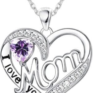 Sllaiss Love Heart Mom Necklace 925 Sterling Silver Birthstone Pendant Necklaces Birthday Mother's Day Jewelry Gift for Women