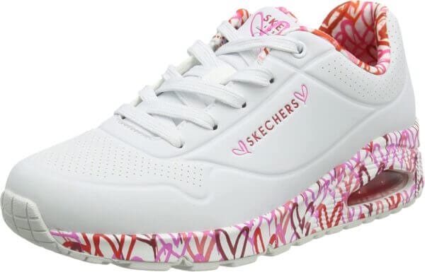 Skechers Women's Sneaker, White Durabuck Red Pink Mesh Trim, 9