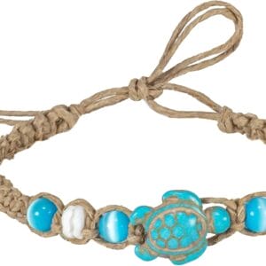 BlueRica Hemp Anklet Bracelet with Turquoise Sea Turtle, Blue Cat's Eye Beads and Puka Shell Beads