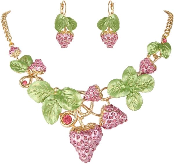 EVER FAITH Women's Austrian Crystal Sweet Strawberry Leaf Necklace Earrings Set