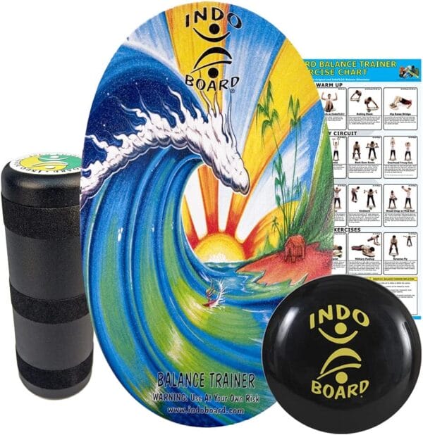 INDO BOARD Original Training Package - Balance Board Trainer for Fun, Fitness, And Sports Training - Surf, Skateboard, Snowboard And More - Comes with 30" X 18" Deck, 6.5" Roller, 14" IndoFLO® Cushion And Workout Poster