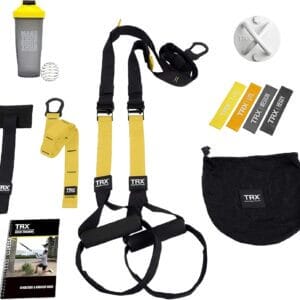 TRX Training All-in-One Suspension-Trainer Exercise Equipment Bundle with XMount Wall Anchor, 4 Strength-Exercise Bands, and Shaker Bottle, 10 Items Total