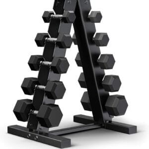 150 Pound Premium Hex Dumbbell Set - PVC Coated 5 Pair Black Dumbbell Set with A-Frame Rack - 5, 10, 15, 20 and 25 lb Dumbbells