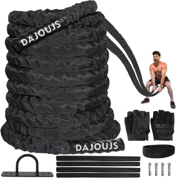 Battle Rope Workout Equipment 1.5 Inch Diameter 30FT Exercise Heavy Weighted Diameter Battle Rope with Protective Cover Exercise Equipment Core Strength Training