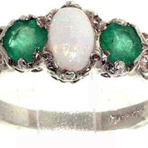 925 Sterling Silver Real Genuine Opal and Emerald Womens Band Ring - Size 7