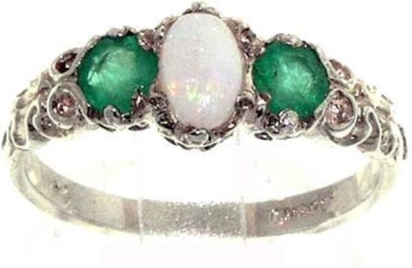 925 Sterling Silver Real Genuine Opal and Emerald Womens Band Ring - Size 7