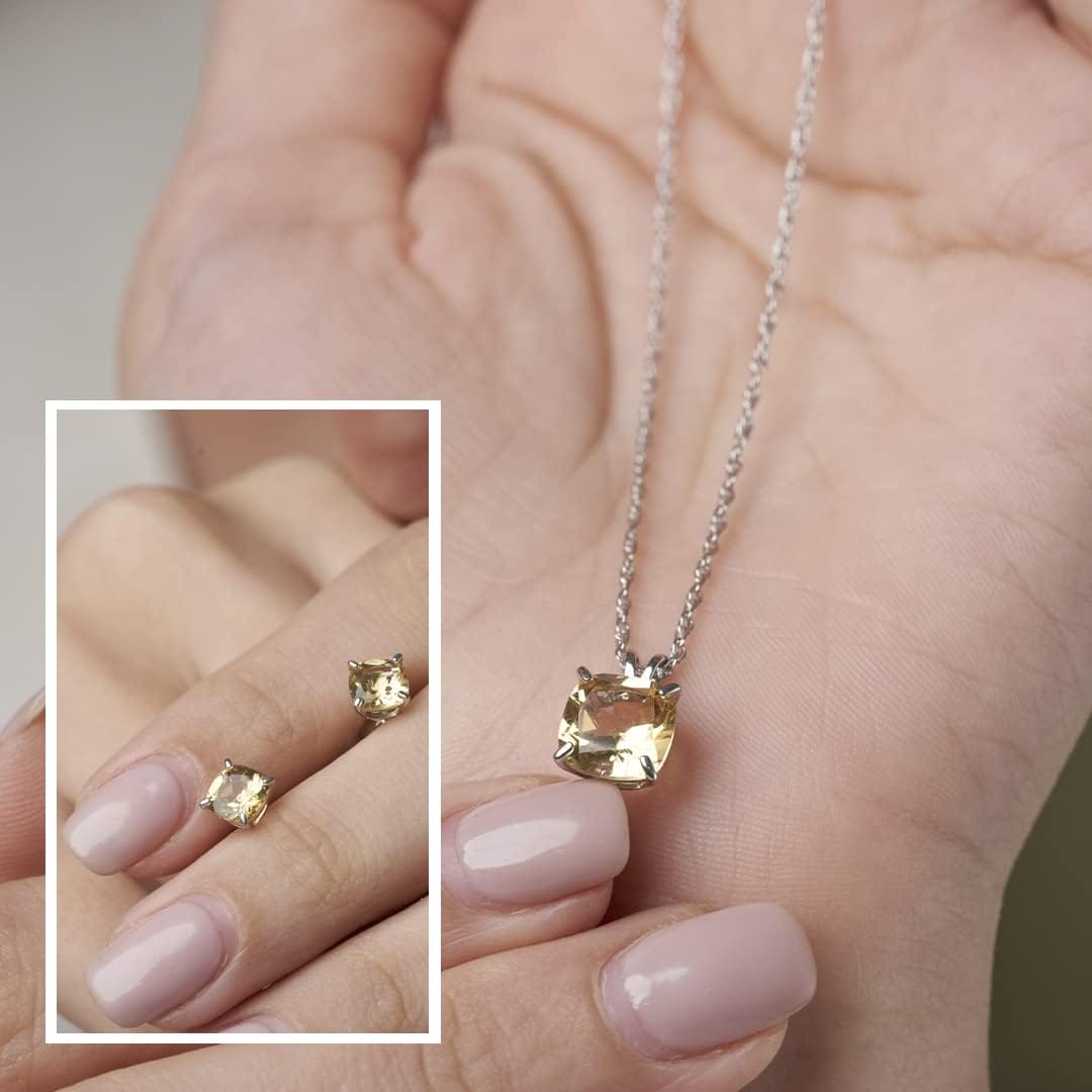 MAX + STONE 14k Gold Plated or Sterling Silver Cushion Cut Gemstone Stud Earrings and Pendant Necklace for Women with 6mm and 8mm Birthstones 18 Inch Chain and Push Backs Jewelry Set - Image 4