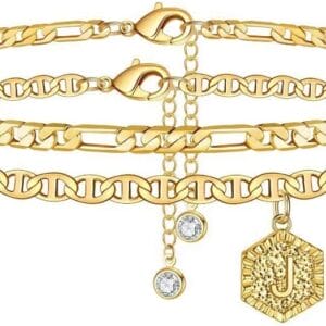 Memorjew Initial Ankle Bracelets for Women, 14K Gold Plated Double Layered Initial Anklets Jewelry for Women