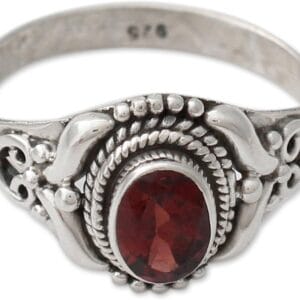 NOVICA Artisan Handmade Garnet Cocktail Ring Traditional Style Silver India Sterling Red Single Stone Marsala Fiesta Aurora 'Traditional Romantic'