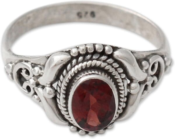 NOVICA Artisan Handmade Garnet Cocktail Ring Traditional Style Silver India Sterling Red Single Stone Marsala Fiesta Aurora 'Traditional Romantic'