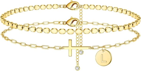 Ankle Bracelets for Women Layered Anklet, 14K Gold Plated Ankle Bracelet Dainty Cross Anklet for Women Gold Anklet Letter L Initial Ankle Bracelets for Women Teen Girls Initial Anklet Jewelry Gifts