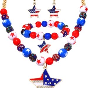 4th of July Jewelry Sets Decorations American Flag Star Pendant Necklace and Bracelet for Women, Patriotic Rhinestone Star Heart Drop Earrings, Colorful Beaded Stretch Bracelet, Independence Day Decorations Holiday Gift