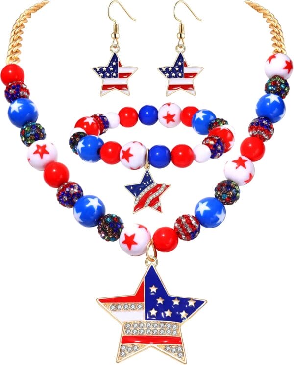 4th of July Jewelry Sets Decorations American Flag Star Pendant Necklace and Bracelet for Women, Patriotic Rhinestone Star Heart Drop Earrings, Colorful Beaded Stretch Bracelet, Independence Day Decorations Holiday Gift