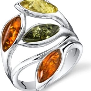 PEORA Genuine Baltic Amber Leaf Ring for Women 925 Sterling Silver, Rich Cognac, Olive Green, Honey Yellow Colors, Sizes 5 to 9