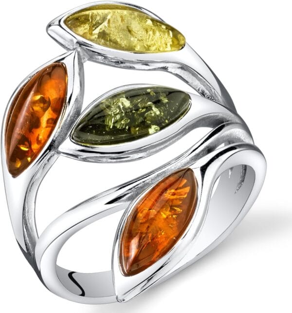 PEORA Genuine Baltic Amber Leaf Ring for Women 925 Sterling Silver, Rich Cognac, Olive Green, Honey Yellow Colors, Sizes 5 to 9