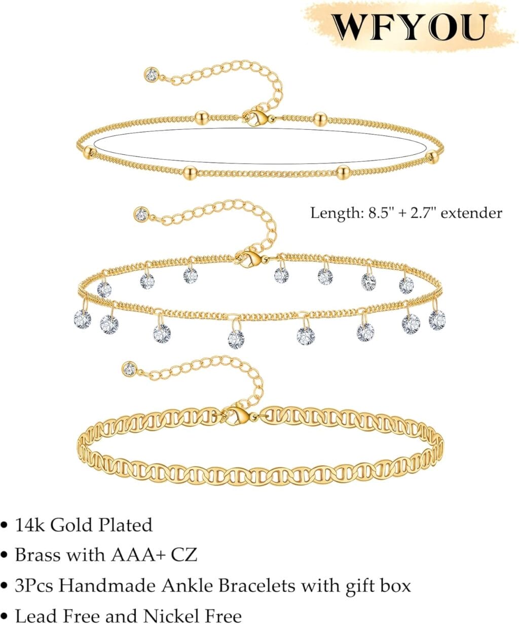 WFYOU Gold Ankle Bracelets for Women Dainty 14k Gold Plated Anklets for Women Waterproof Layered Adjustable Women's Anklets 3Pcs Gold Anklets Set Summer Beach Foot Anklet Jewelry Gift for Women - Image 5
