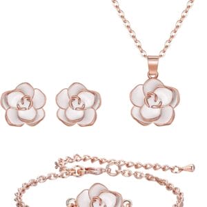 EleQueen Rose Flower Necklace Earrings Bracelet Set 14K Green Rose Gold Plated Hypoallergenic Jewelry Sets Gift for Women