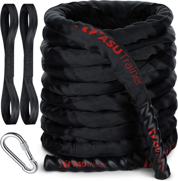 Poly Dacron Weighted Battle Ropes for Home Gym – Indoor/Outdoor Workout Rope with Sleeve, Heat-Shrink Handles, & Anchor Kit – Exercise Rope for Training/Fitness/Boxing, Army Battle Rope