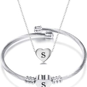 MYNENEY NIBASTAR Heart Name Necklace and Bracelet for Women Stainless Steel A-Z letters Initial Statement Jewelry Set for Mother's Day