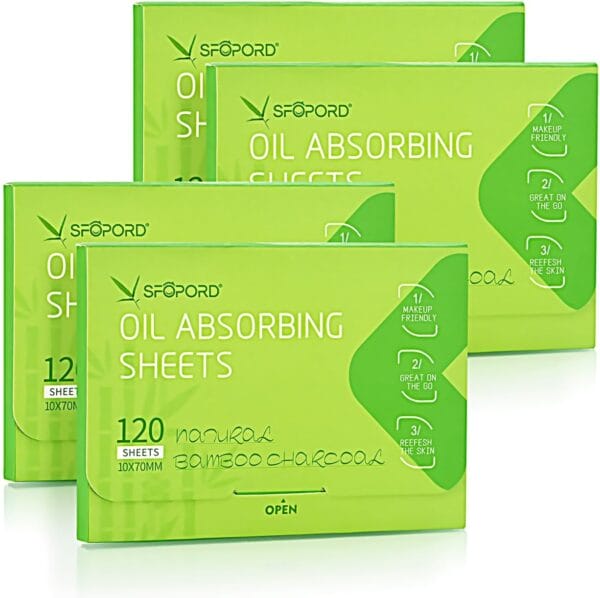 Oil Absorbing Sheets with Bamboo Charcoal - 4 Pack (480 sheets) Oil Blotting Sheets For Face, 20% More Makeup Friendly High-performance Handy Face Blotting Paper for Oily Skin