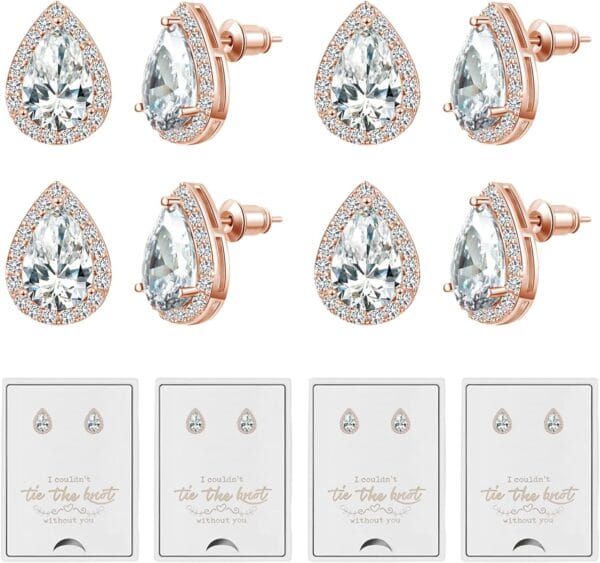 DHQH 4/6 Pairs Bridesmaids Earrings Classic Cubic Zirconia Teardrop Stud Earrings for Women Girls I Couldn’t Tie a Knot Without You Brides Bridesmaids Proposal Wedding Jewelry Gifts