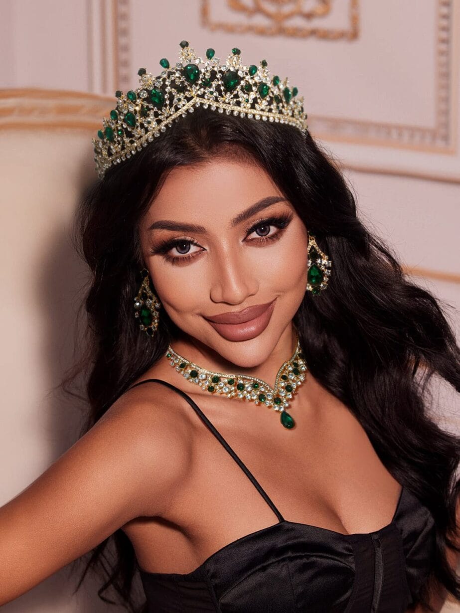 SWEETV Baroque Wedding Crown for Bride, 3-pack Tiara Earrings Necklace, Bridal Jewelry Set, Gold Green Crystal Costume Party Birthday Prom Pageant Jewelry for Women for Ages 15+, Genesis - Image 2