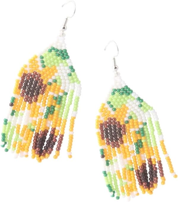 Long Beaded Tassel Earrings – Bohemian Flower Fringe Drop Earrings, Seed Bead Tribal Dangle Earrings, Pendientes De Borla for Women, Sister, Lover, Party (Yellow Sunflower Earrings)